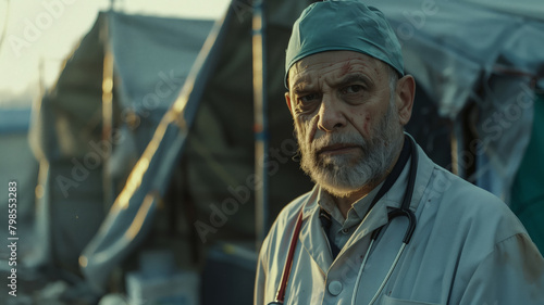 An elderly male doctor with a stethoscope in a white lab coat and surgical cap stands in front of a tent in a refugee camp © chekart