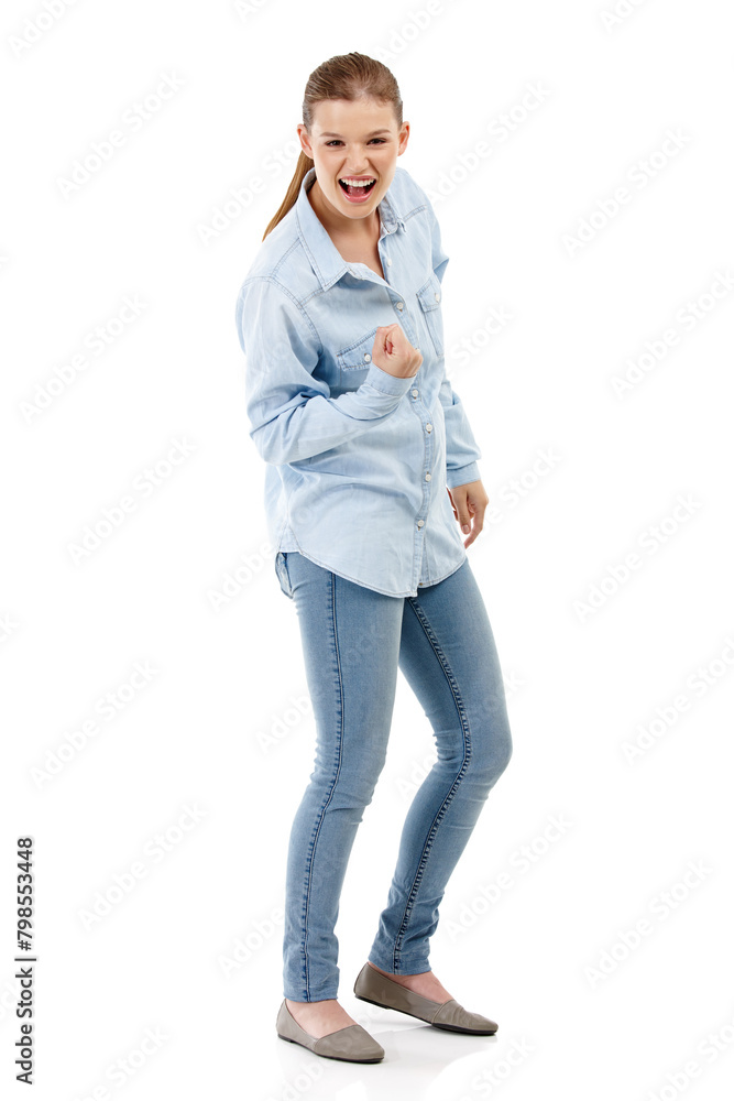 Girl, success and wow in studio portrait for news, results or announcement of college opportunity and admission. Excited student or model with fist, power and study celebration on a white background Girl, success and wow in studio portrait for news, results or announcement of college opportunity and admission. Excited student or model with fist, power and study celebration on a white background