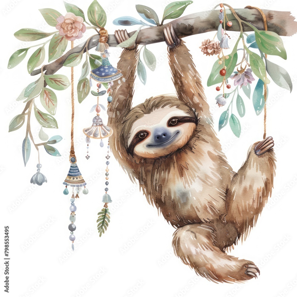 Fototapeta premium Watercolor illustration of a sloth hanging from a tree with boho-themed decorations slow and styled