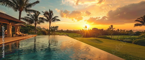 A panoramic view of the pool and golf course from an elegant islandstyle home in Hawaii, with lush greenery and palm trees under a clear blue sky at sunset.