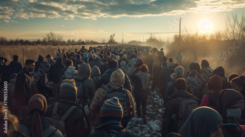 A large crowd of men, women and children crosses the border. In the background, you can see the sun setting. A refugee camp