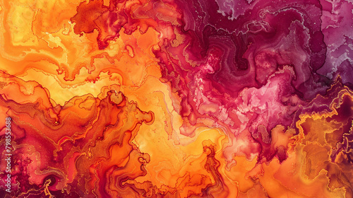 Sunset Inspired Alcohol Ink Colors with a Marble Effect  Swirls of Orange and Deep Magenta.
