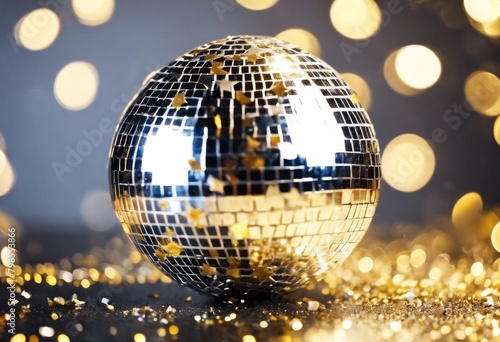 'gold star Silver metallic sco confetti ball background. glowing disco mosaic mirror 2021 new year elegant stage birthday concert motion futuristic old school vinta' photo