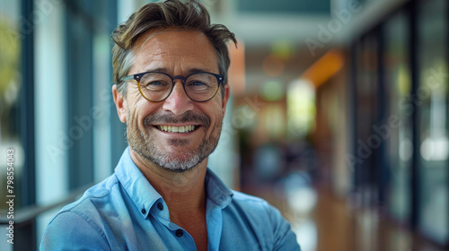 Optimistic professional businessman in business casual wear with glasses, looking at camera with charming smile in blurred modern office room with natural light