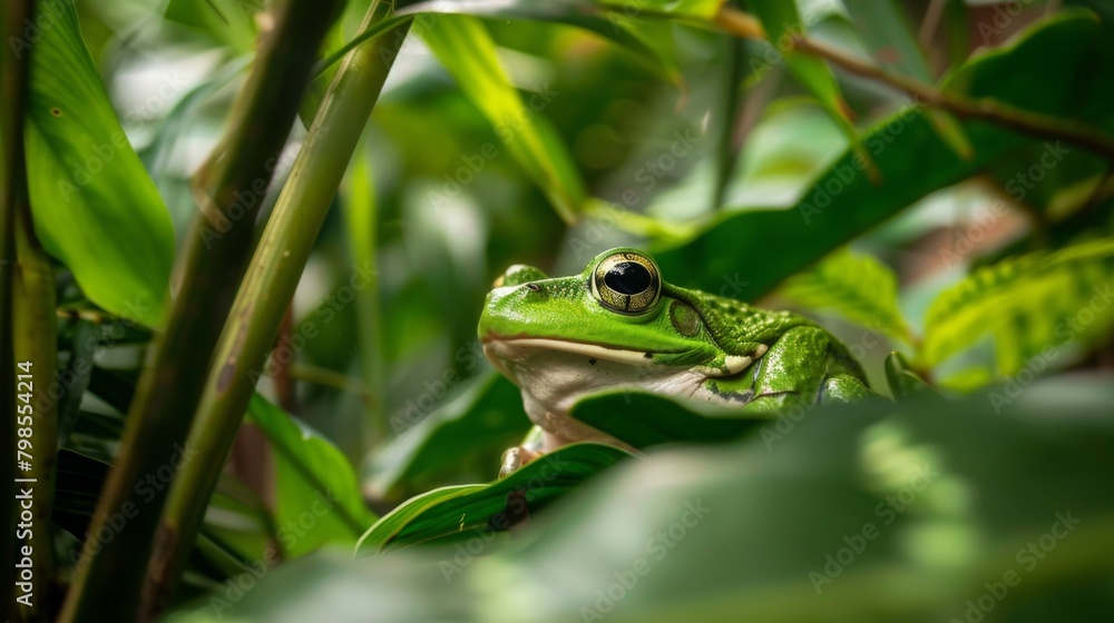 A frog nestled among lush vegetation in a tropical rainforest, its vibrant green skin blending harmoniously with the surrounding foliage. A frog nestled among lush vegetation in a tropical rainforest, its vibrant green skin blending harmoniously with the surrounding foliage.