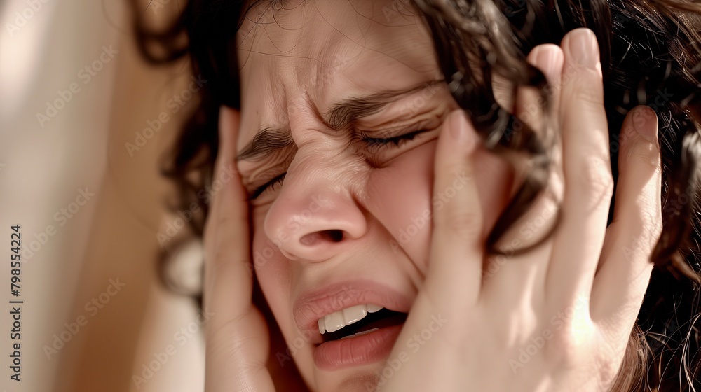Dynamic mental health close up Mature woman touching her head with her hands while having a headache pain and feeling unwell Dynamic mental health close up Mature woman touching her head with her hands while having a headache pain and feeling unwell
