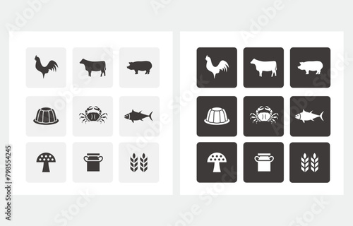 Chicken Cow Pig Pudding Crab Fish Milk Mushroo, Wheat set food icon symbol
