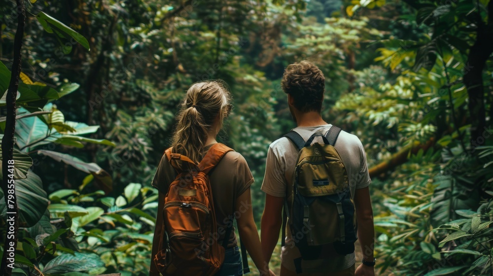 A couple hiking through a lush forest, taking in the nature around them A couple hiking through a lush forest, taking in the nature around them