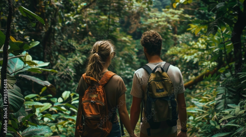 A couple hiking through a lush forest, taking in the nature around them