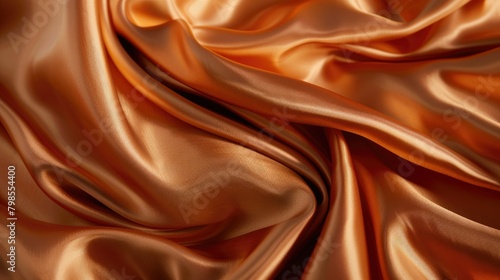 Silky satin fabric in a rich dark orange brown hue exudes luxury suitable for draperies and curtains creating a stunning backdrop for any design Delicately folded with an elegant wave patte photo