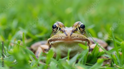 A frog peeking out from a clump of grass, its curious gaze and alert posture showcasing the intelligence and adaptability of amphibians.