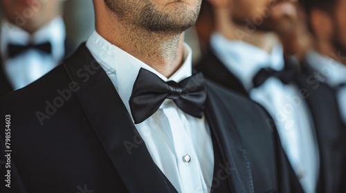 Men wearing tuxedos standing in the background in a close up photo