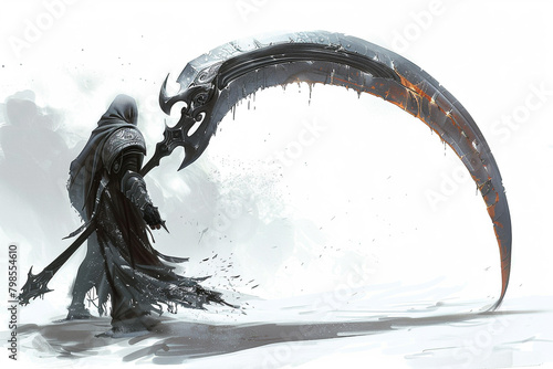 A single battle scythe, its blade gleaming with deadly intent against the purity of white, poised for the impending action. photo