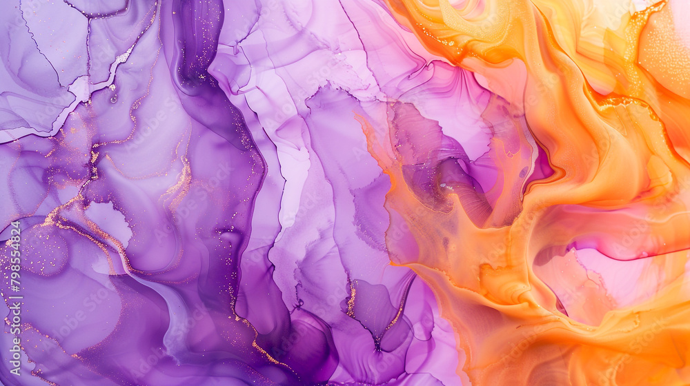 Soft Orange and Pastel Violet Alcohol Ink, Lustrous Marble Swirls.