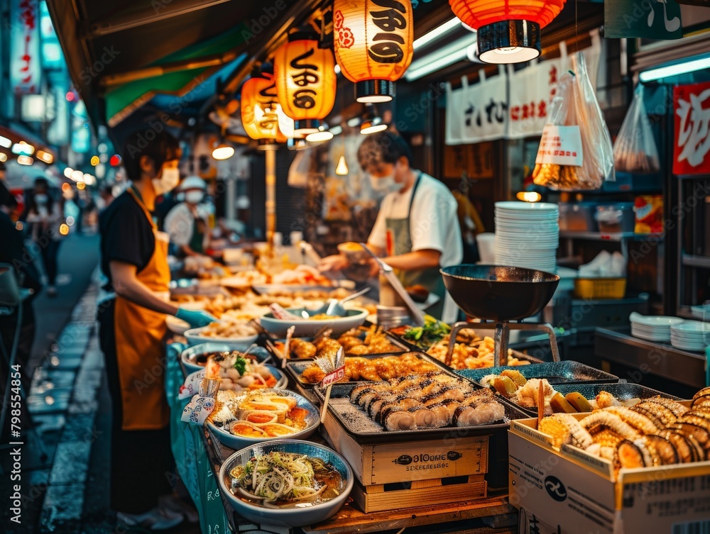 A bustling Japanese street food market, showcasing the vibrant atmosphere and diverse culinary offerings.