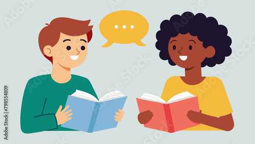 A pair of students engaged in a heated discussion about an assigned reading both eager to defend their own interpretations and listen to each others. Vector illustration