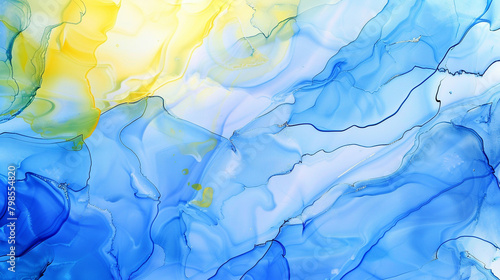 Ultra High Definition Pastel Blue and Bright Yellow Alcohol Ink Art, Luxurious Marble Swirls. photo