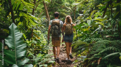 A couple hiking through a lush forest, taking in the nature around them