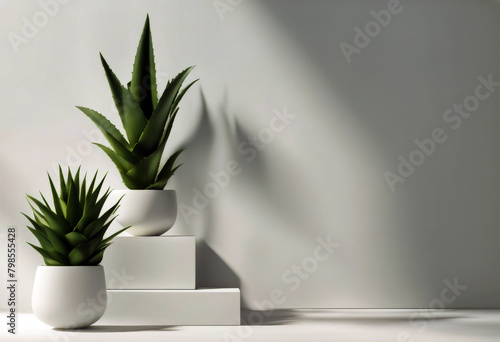 'render podium background illustration vera plant 3d Minimal aloe leaf White cosmetic presentation shadow product poduim summer green tropical foliage monstera philodendron advertising'