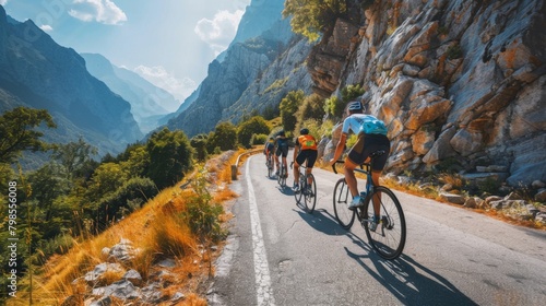 A group of cyclists ascending a steep mountain road, their determination evident as they conquer the challenging terrain.