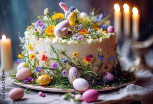 'herbs flowers ribbons beautiful cake A decorated Easter Background Flower Food Spring Table Concept White Color Celebration Bread Red Colorful Bakery Event NaturalBackground Flower Food Flowers' photo