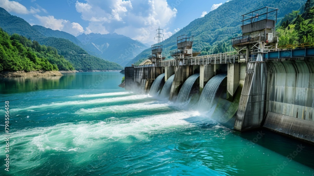 A hydroelectric power plant adjacent to a dam, its turbines harnessing the force of water to generate clean and sustainable energy. A hydroelectric power plant adjacent to a dam, its turbines harnessing the force of water to generate clean and sustainable energy.