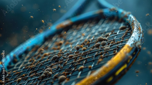 Dust mites on a dirty tennis racket's grip tape, emphasizing athlete health awareness.