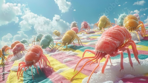 An action packed scene of dust mites in a race across a striped beach towel