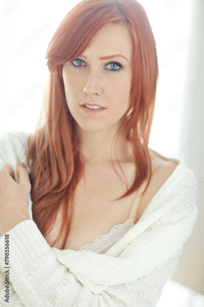 Serious, lingerie and portrait of woman in bedroom for fashion, trendy clothes and luxury outfit. Face, ginger and female person with underwear in morning for cool style, confidence and pride Serious, lingerie and portrait of woman in bedroom for fashion, trendy clothes and luxury outfit. Face, ginger and female person with underwear in morning for cool style, confidence and pride