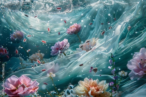 Step into an underwater realm where dust mites meander amidst fabric fibers adorned with delicate flowers, cocooned in a serene photo