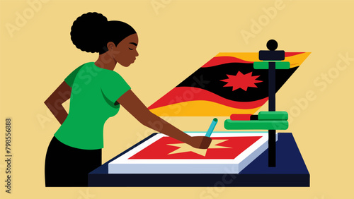 A person using a heat press machine to transfer an image onto their Juneteenth flag adding a unique touch to their creation.. Vector illustration