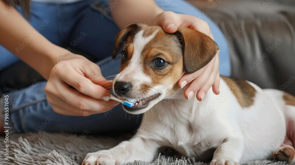 Women's Hands Brushing a Dog Teeth with a Toothbrush Women's Hands Brushing a Dog Teeth with a Toothbrush
