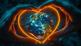 Neon lit hands in a dark setting, forming a vivid heart around a brightly illuminated Earth