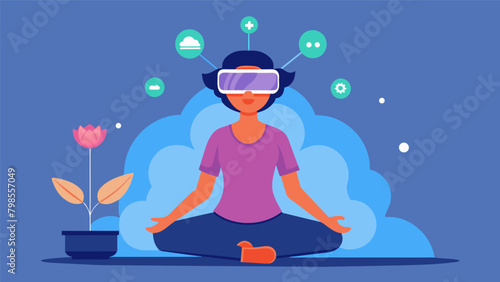 An individual with multiple sclerosis participating in a virtual reality meditation session utilizing neurofeedback technology to increase relaxation.