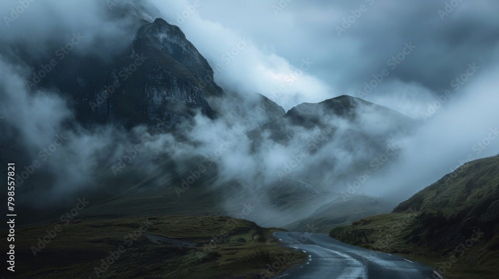 A mountain road disappearing into the misty clouds, creating an ethereal and mysterious atmosphere in the highlands. A mountain road disappearing into the misty clouds, creating an ethereal and mysterious atmosphere in the highlands.