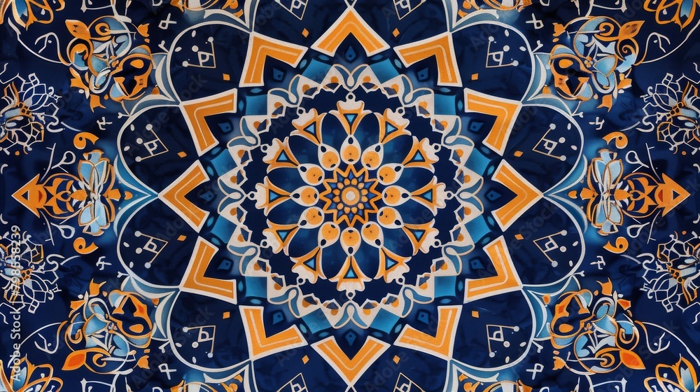 Intricate symmetrical mandala pattern in blue and orange hues Intricate symmetrical mandala pattern in blue and orange hues