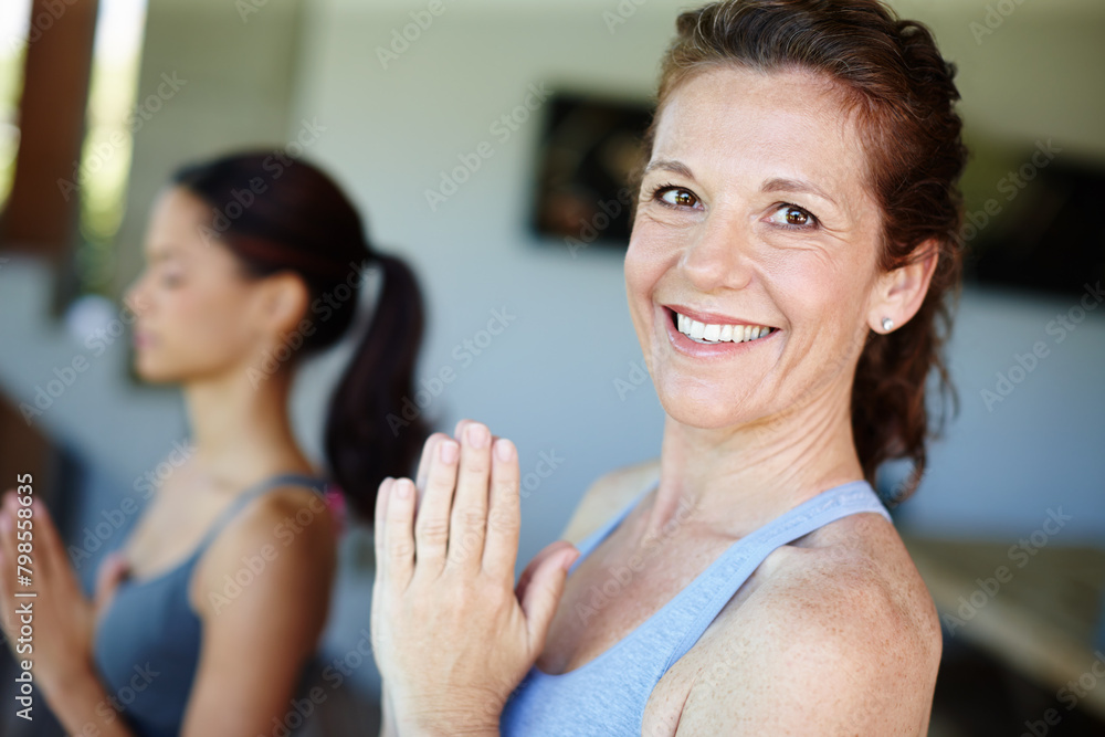 Mature woman, portrait and happy to meditate in club for peace, calm and mindfulness or spirituality. Satisfied, smile and zen for mental health for wellness, wellbeing and self care for balance Mature woman, portrait and happy to meditate in club for peace, calm and mindfulness or spirituality. Satisfied, smile and zen for mental health for wellness, wellbeing and self care for balance