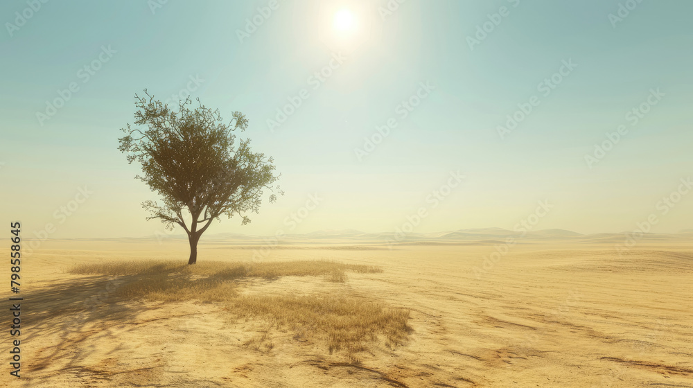 desert, flat land, scortching hot sun, no clouds, in the far distance a tree growing, calm mood, photorealistic
