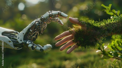 A robot hand and a natural hand covered with grass, symbolizing the union of technology and nature as they reach towards each other.