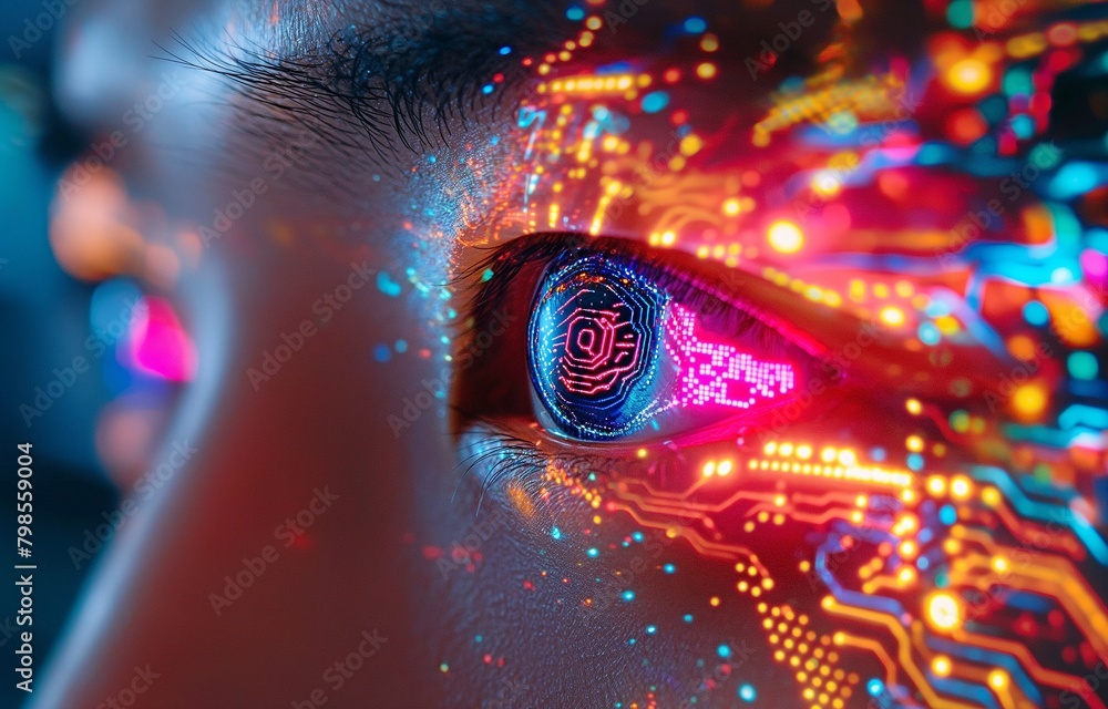 Close-up of a Chinese man with a digital computer circuit board design in his eye that is colourful and bright for those with modern vision.