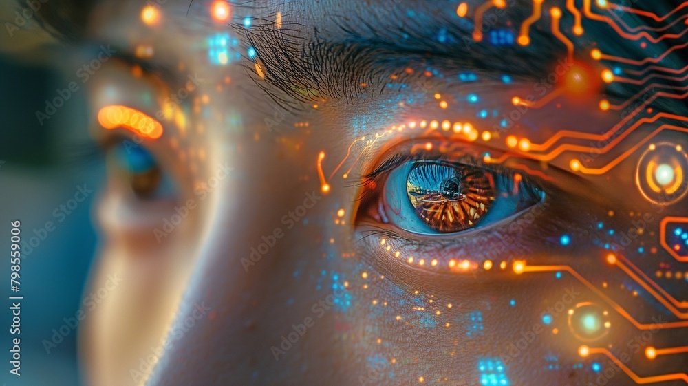 Close-up of a Chinese man with a digital computer circuit board design in his eye that is colourful and bright for those with modern vision. Close-up of a Chinese man with a digital computer circuit board design in his eye that is colourful and bright for those with modern vision.
