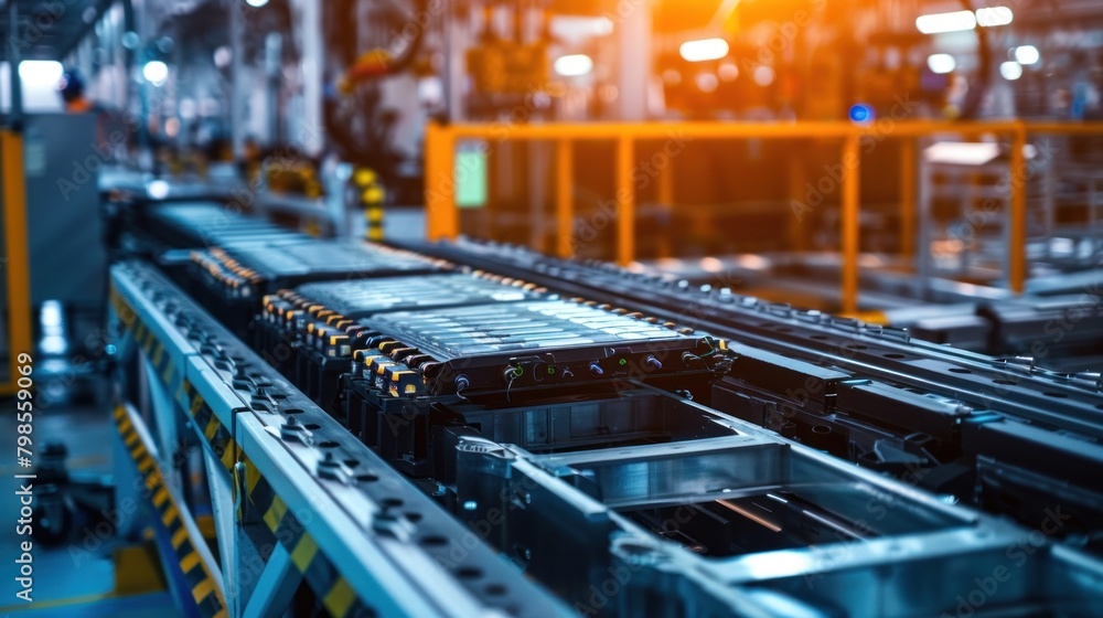 Electric vehicle battery cell assembly line in mass production. Electric vehicle battery cell assembly line in mass production.