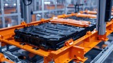 Electric vehicle battery cell assembly line in mass production.