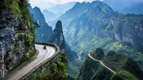 A narrow mountain road carved into sheer cliffs, offering adrenaline-inducing views and hairpin turns for adventurous drivers. photo