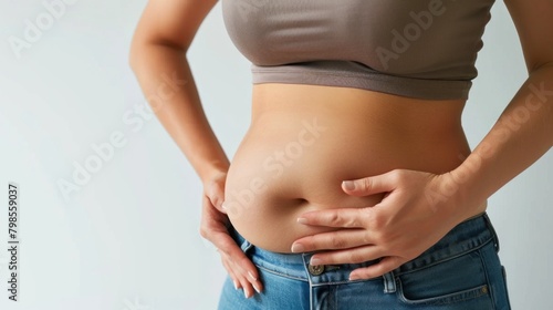 A woman touching her belly fat against a white background, highlighting concerns about overweight. © Sompoch
