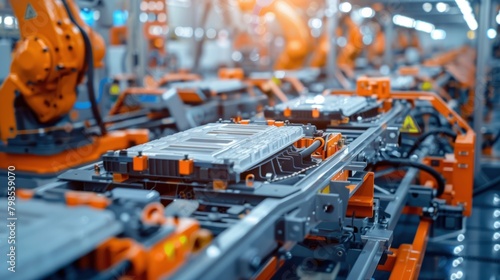 Electric vehicle battery cell assembly line in mass production.
