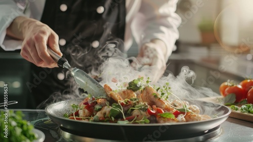 The chef skillfully prepares a delicious meal in the kitchen, infusing each dish with passion and creativity.