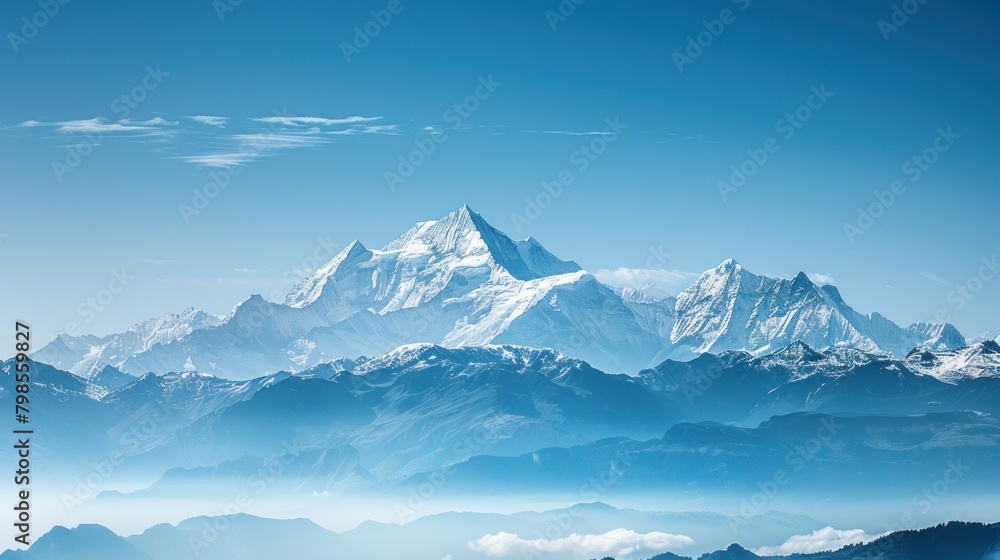 The snow-capped mountains offer a breathtaking view, with their pristine white peaks contrasting against the clear blue sky, creating a scene of serene beauty.