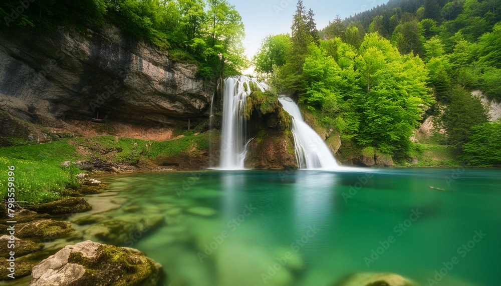 A majestic waterfall cascading down lush, green cliffs into a crystal-clear pool.