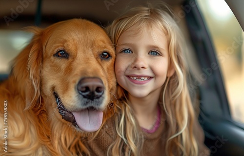 A contented youngster and dog enjoying a car ride together